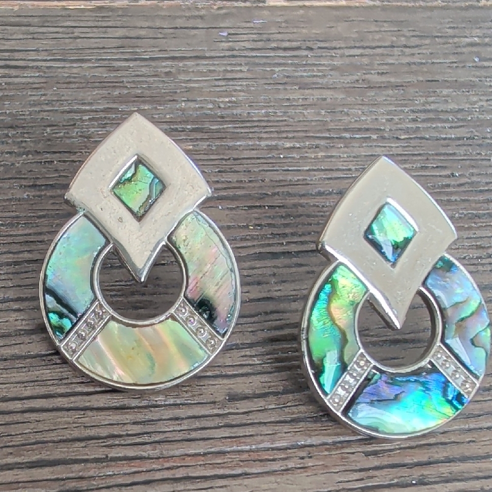 Abalone Inlay Silver-Tone Hoop Drop Earrings - Green Iridescent